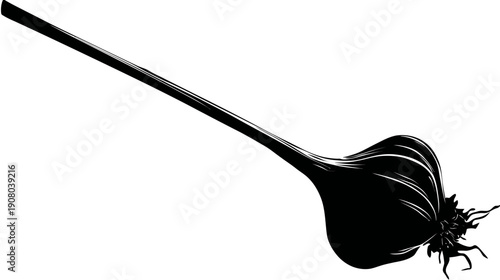 A black and white illustration of a garlic bulb and stem