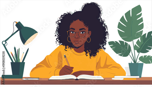 Illustration of a young woman with curly hair reading a book at a desk with a lamp and plant nearby