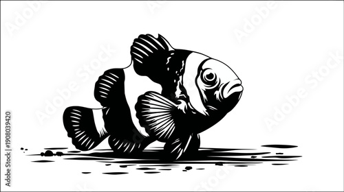 Black and white illustration of a clownfish. This image shows the aquatic creature in a side view