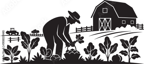 A professional vector illustration showing organic farming practices with sustainable agriculture techniques in a lush green rural landscape under a bright sun.