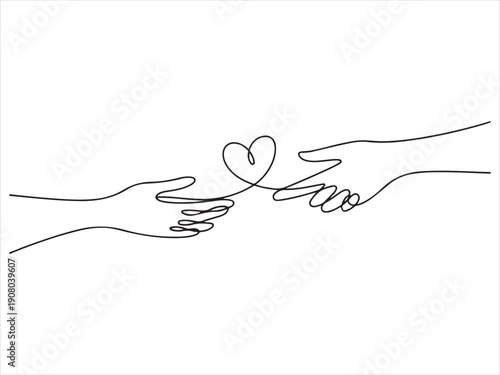 Two hands delicately hold a continuous black line forming a heart shape, Continuous Line Hands Forming Heart Connection Illustration