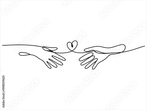 Two hands delicately hold a continuous black line forming a heart shape, Continuous Line Hands Forming Heart Connection Illustration