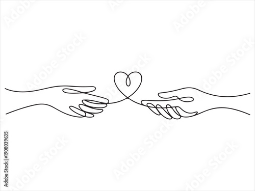 Two hands delicately hold a continuous black line forming a heart shape, Continuous Line Hands Forming Heart Connection Illustration