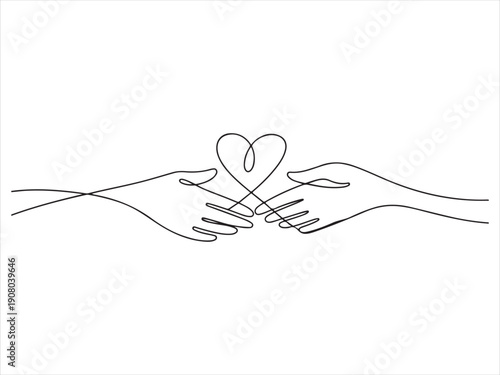 Two hands delicately hold a continuous black line forming a heart shape, Continuous Line Hands Forming Heart Connection Illustration