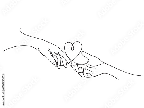 Two hands delicately hold a continuous black line forming a heart shape, Continuous Line Hands Forming Heart Connection Illustration