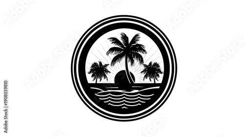 Circular emblem featuring a sunset behind a central palm tree, flanked by two others, over ocean