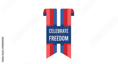 Red white and blue banner with Celebrate Freedom text, ribbon or pennant, for Independence Day or patriotic event, isolated on transparent background, png