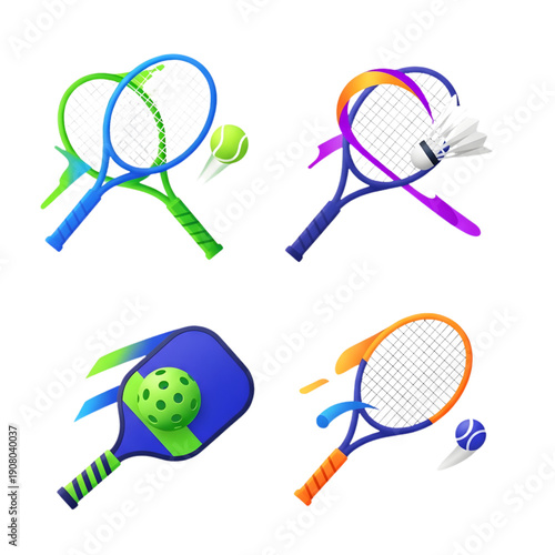 Dynamic 3D Racket Sports Equipment Set: Tennis, Badminton, Pickleball, and Padel Illustrations