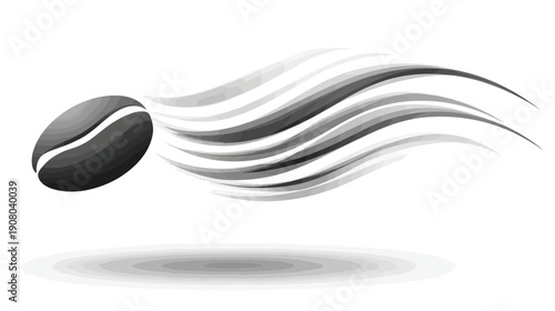 A stylized gray-scale coffee bean with a curved, flowing design element. Beneath, a graduated circular shadow