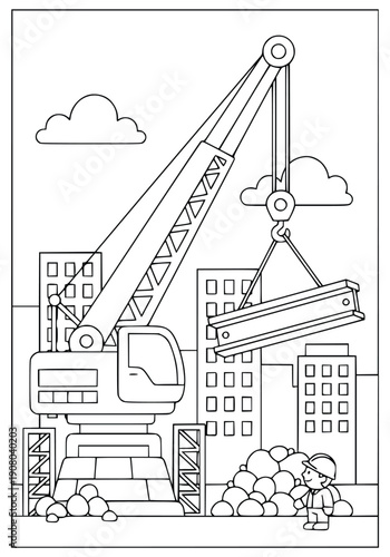 Construction crane hoisting a large metal girder above a modern city landscape