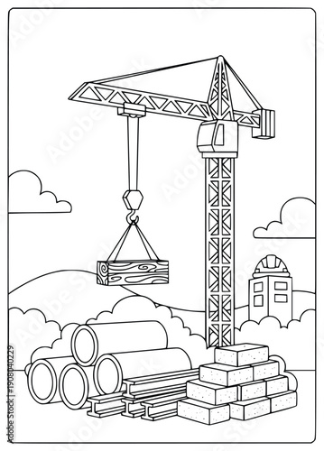 Construction crane lifting heavy steel beam on modern industrial building site