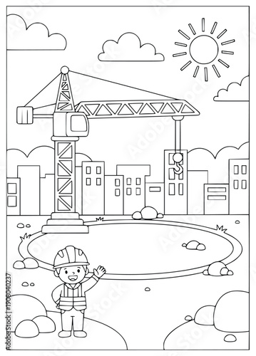 Construction worker standing by a tower crane for kids coloring activity