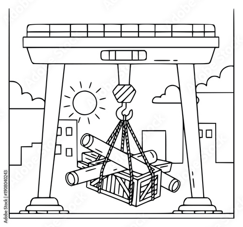 Construction crane lifting heavy steel beam on modern industrial building site