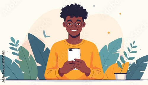 Illustration of a smiling young man holding a smartphone surrounded by plants