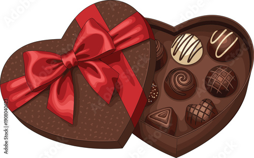 Heart shaped chocolate gift box with assorted pralines and red ribbon valentines day love flat vector illustration