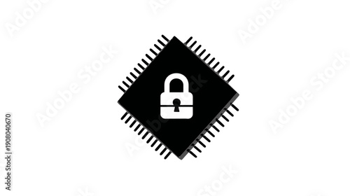 A black CPU-like square with pins holds a white padlock, symbolizing secure digital systems