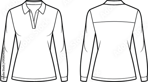 Long sleeve polo shirt mockup front and back views, clean outline vector template for apparel branding, fashion design
