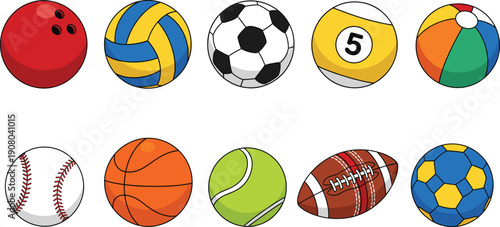 Sports balls collection with soccer basketball tennis baseball bowling and volleyball flat vector illustration set