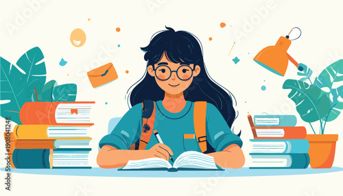 Young Female Student Reading Book Page