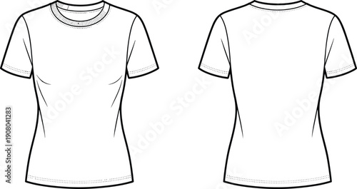 Women t shirt mockup front and back views, clean outline vector template for apparel branding, fashion design
