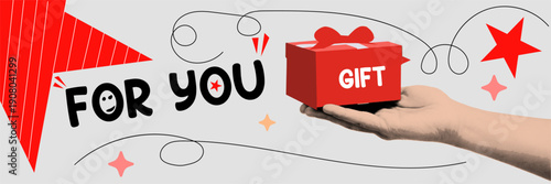 Halftone pop art dot banner showing a hand offering a red present box for you surprise message vector illustration