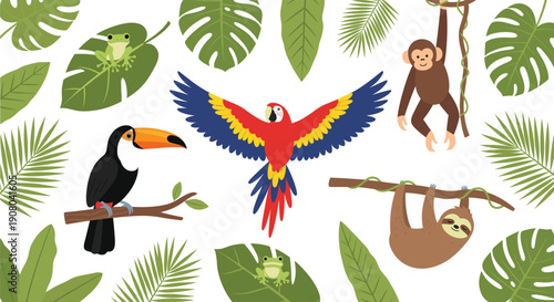 Tropical jungle animals illustration set with parrot toucan monkey sloth frog and green leaves flat vector