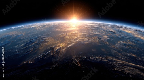 Cinematic view of planet Earth from space with sun rising over the horizon showing city lights and atmosphere