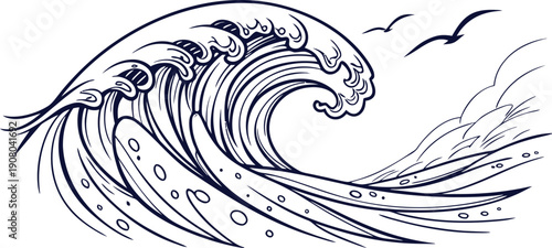 Stylized vector illustration of dynamic ocean waves and flying seagulls, embodying the tranquil yet powerful beauty of the sea, ideal for coastal and nature-themed designs