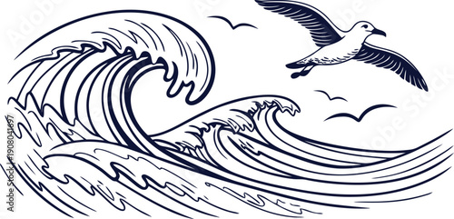An artistic illustration of ocean waves and a bird in flight, evoking a sense of nature's dynamism and freedom