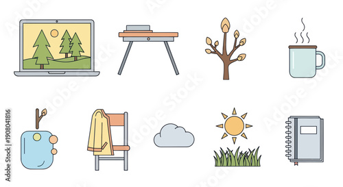 Cozy Home Office and Nature Elements Vector Icons Set