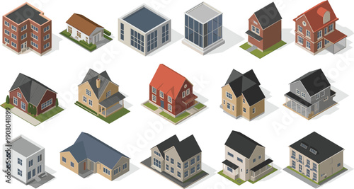 Isometric residential houses collection illustration, suburban homes architecture set, modern neighborhood buildings urban vector design assets