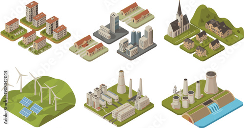 Isometric urban districts and energy infrastructure illustration set, residential buildings power plants renewable industrial city landscape vector