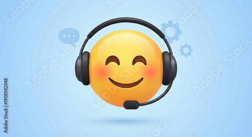 3D icon of smiling emoji in headset for customer support service