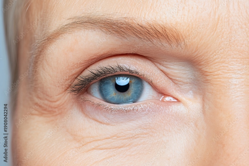Obraz premium Close view of a human eye with blue iris and smooth skin around it