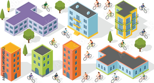 Isometric urban neighborhood with cyclists illustration, colorful city buildings and bicycle commuting scene, modern vector lifestyle design
