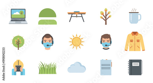 Set of Flat Icons: Nature, Technology, Work, and Lifestyle Elements