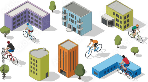 Isometric urban neighborhood with cyclists illustration, colorful city buildings and bicycle commuting scene, modern vector lifestyle design