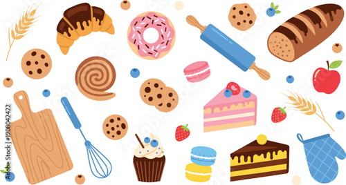 Bakery and dessert illustration set with cakes pastries cookies and baking tools flat vector design