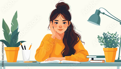 vector Illustration of a woman Page at a desk with plants and office supplies