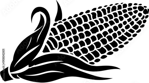 A black and white stylized illustration depicts an ear of corn with leaves