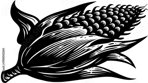 A black and white graphic illustration featuring an ear of corn with surrounding leaves