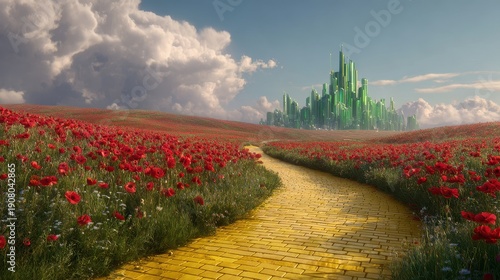 Yellow brick road winding through a vibrant field of red poppies leading to a distant emerald green city