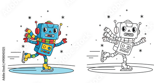 Cute cartoon robot ice skating vector illustration set. Happy android character wearing scarf and skates in winter. Colored and black and white outline for coloring book page.