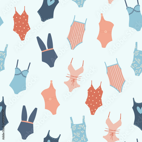 Cute summer pattern. Seamless texture with one-piece swimming suits on blue background. Vector illustrations in cartoon style. Different shapes summer swimwear for beach. Pattern for textile or wrappi