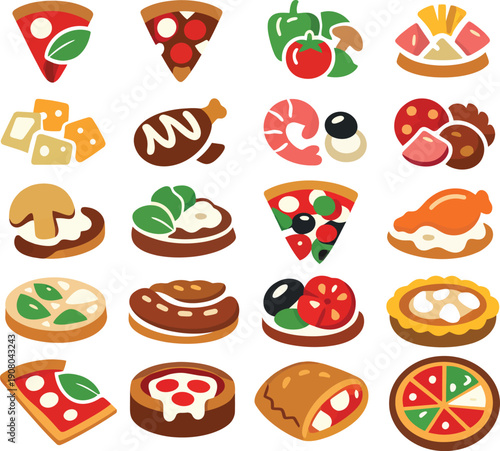 Food Icons Set with Pizza, Meat, Shrimp, and Sandwiches