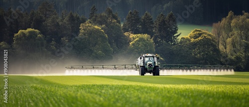 Modern Tractor Spraying Green Agricultural Fields. Tractor spraying crops in a vast green field during daylight hours in a rural agricultural setting