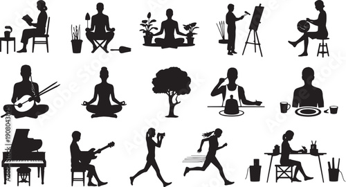 Set of black silhouette icons of people doing various activities daily  hobbies and leisure