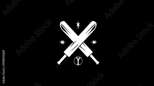 A white illustration on black background featuring crossed bats, stars, and a baseball