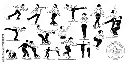 フィギュアスケートの基本動作と人物ポーズ 線画イラスト集、Figure Skating Basic Movements and Human Poses Line Illustration Set