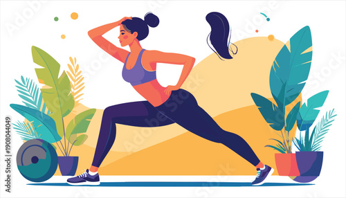 vector Illustration of a woman in a yoga pose surrounded by plants and fitness equipment